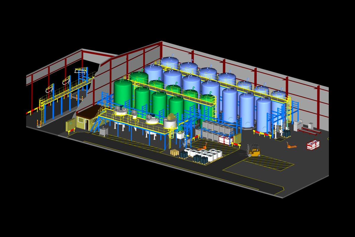 3D image of large indoor tank farm with road tanker unloading