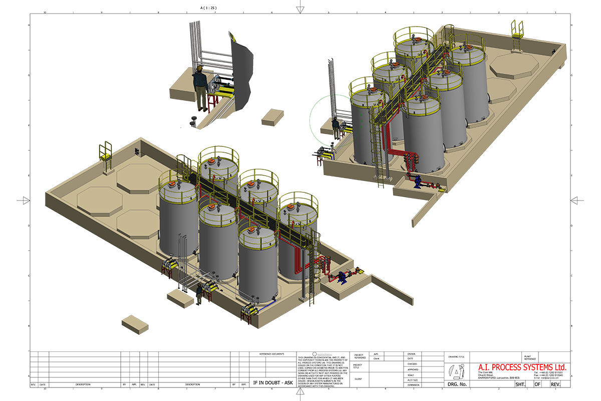 3D tank farm design of solvent liquids
