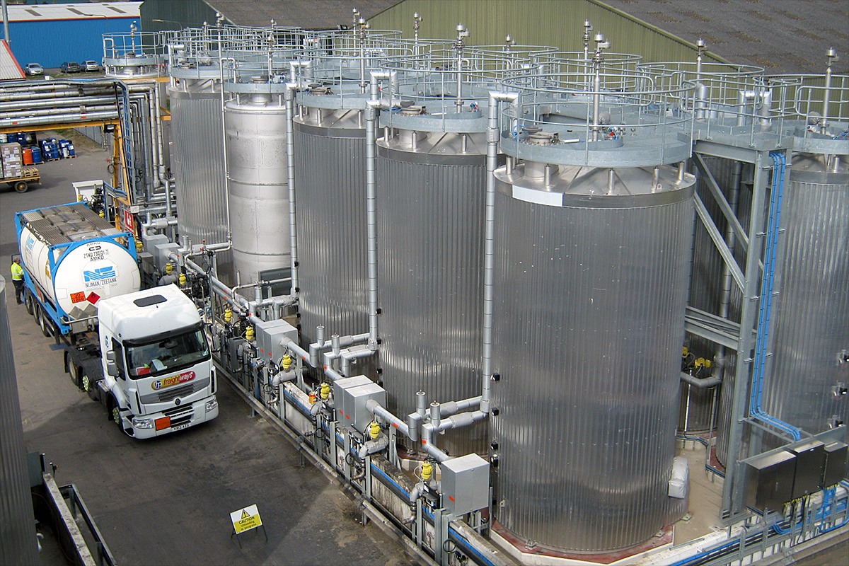 Bulk storage of highly flammable liquids and resin tank farm with road tanker unloading