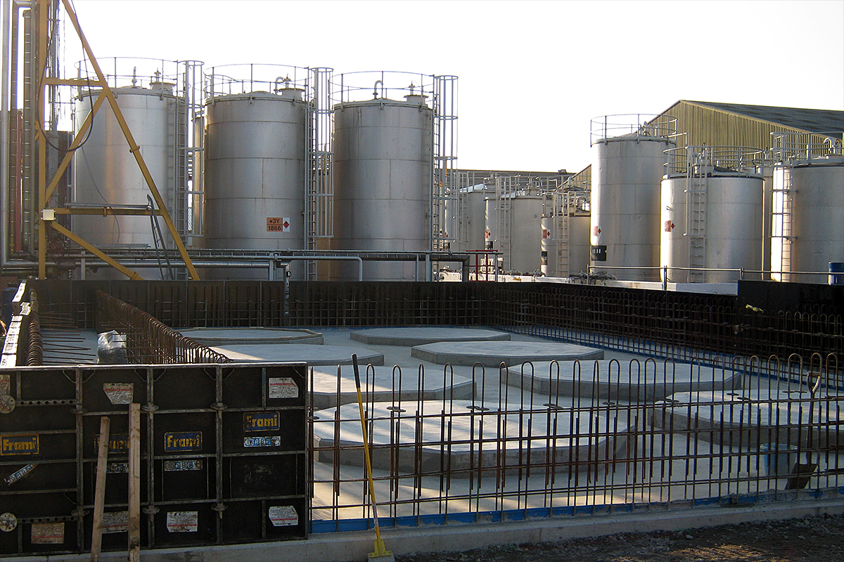 Tank farm bund under construction for the bulk storage of highly flammable liquids