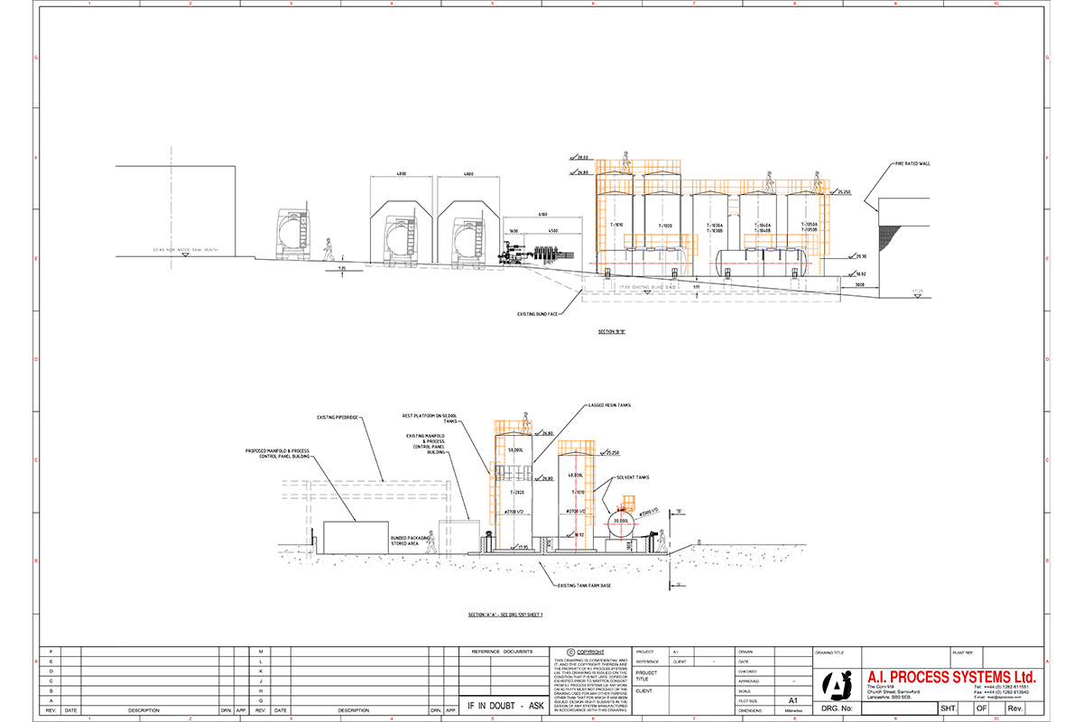 Tank farm plan and elevation drawing of vertical and horizontal compartmentalised bulk storage tanks for flammable and highly flammable liquids